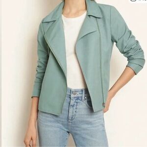 Ann Taylor Cotton Linen Zip Moto Jacket Green 10p